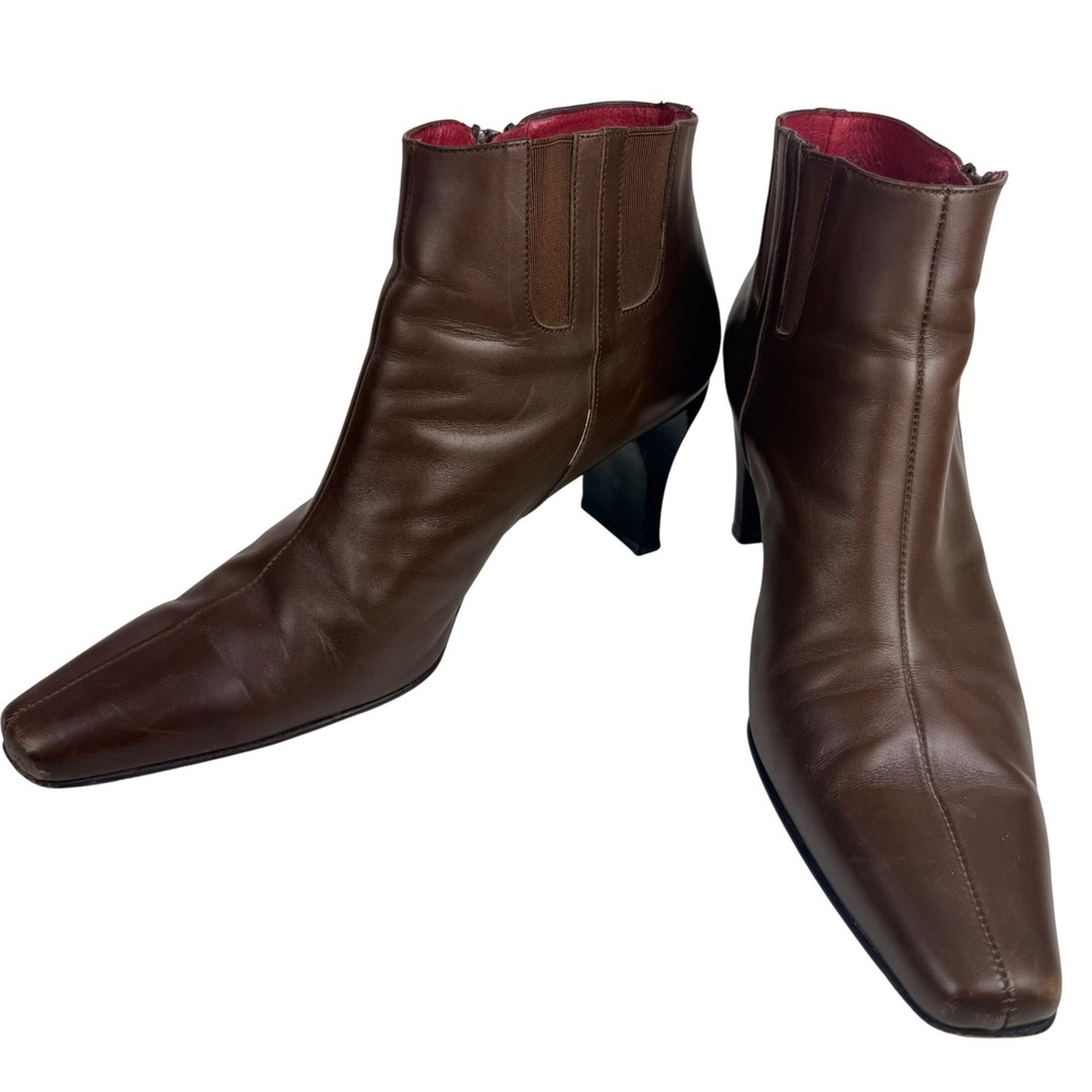 Donald J Pliner Brown Leather Square Toe Ankle Boots 8.5M Made in Spain‎ Booties